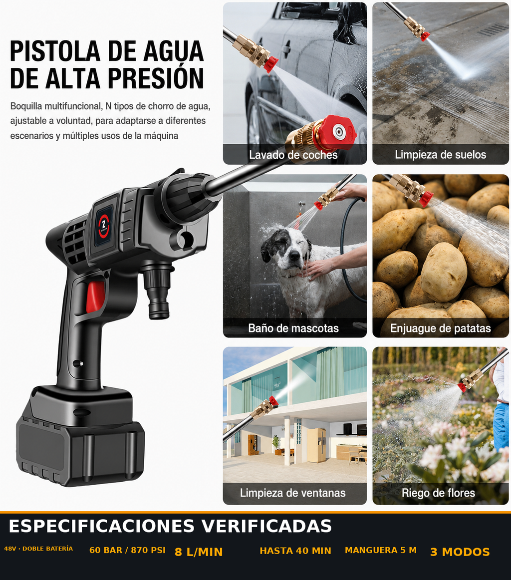 🚗 Hidrolimpiadora Inalámbrica 48V con Doble Batería