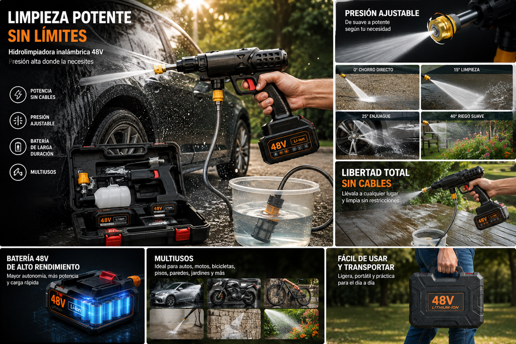 🚗 Hidrolimpiadora Inalámbrica 48V con Doble Batería