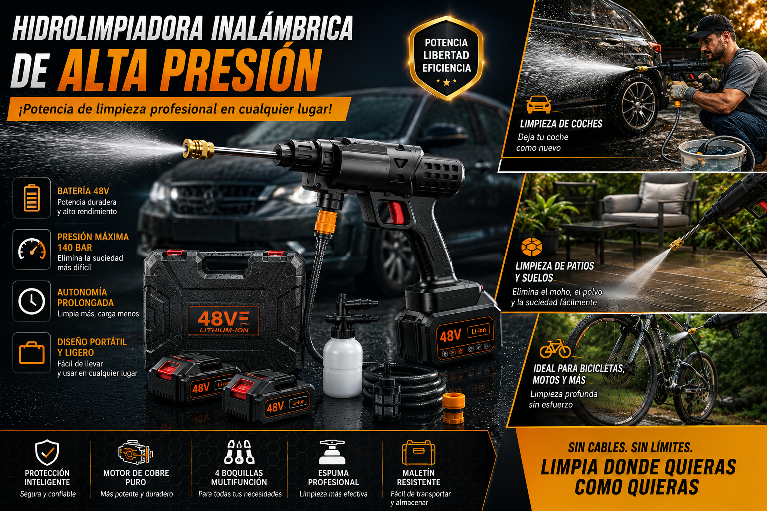 🚗 Hidrolimpiadora Inalámbrica 48V con Doble Batería